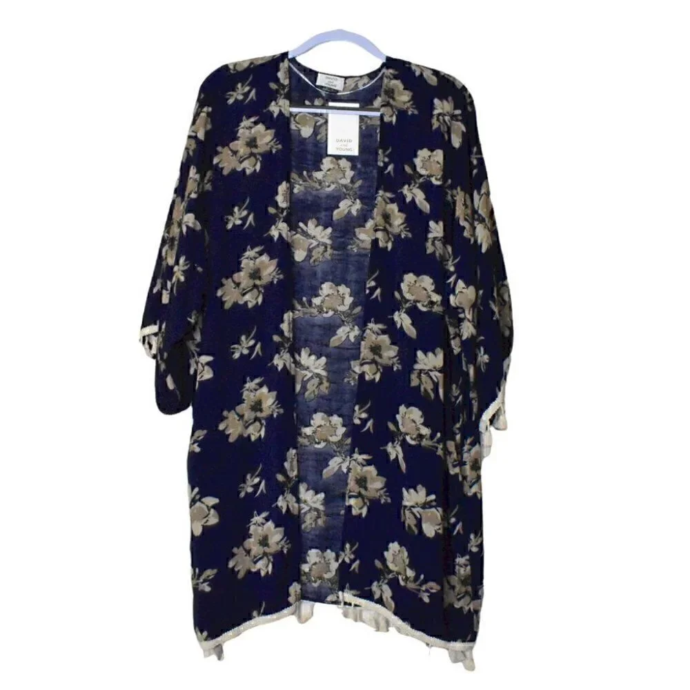 David and Young Boho Open Front Kimono Swimsuit Coverup Blue Floral Size OS